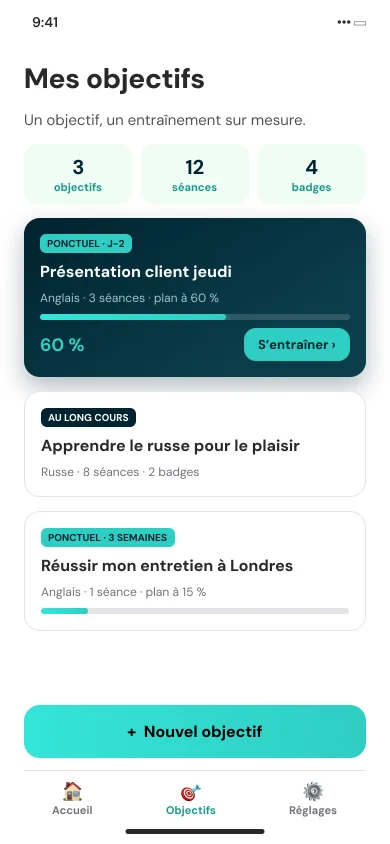 Écran « Mes objectifs » de Striax : la présentation client de jeudi en anglais à 60 % de son plan, le russe pour le plaisir et un entretien à Londres.
